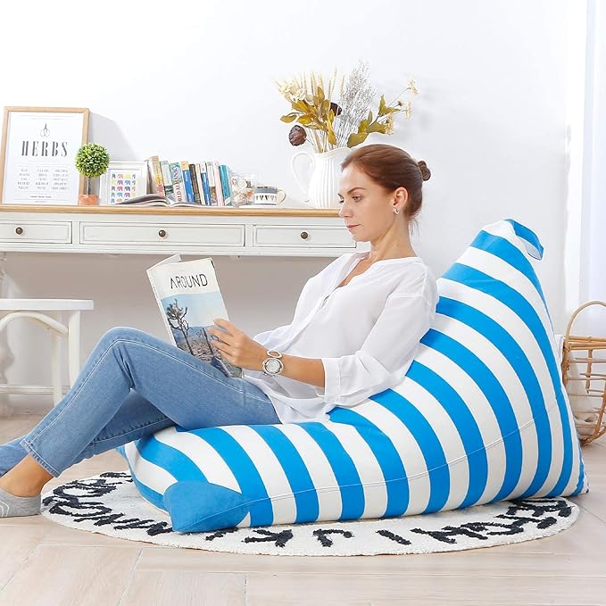 Aubliss Stuffed Animal Storage Bean Bag Chairs Cover, 50"x 35" Extra Large Bean Bags Chair for Kids & Adults, Beanbag Toy Storage for Boys Girls - Premium Cotton Canvas Blue Stripe
