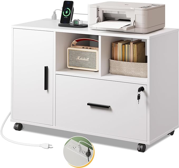 DEVAISE File Cabinet with Charging Station, 1-Drawer Lateral File Cabinets with lock for home office, Wooden Rolling Printer Stand with Shelves, White