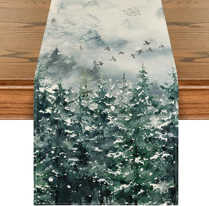 Artoid Mode Green Tree Snow Christmas Table Runner, Seasonal Winter Holiday Kitchen Dining Table Decoration for Home Party Decor 13x60 Inch