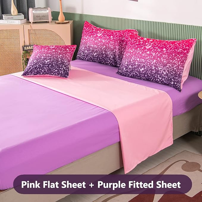PERFEMET Purple Comforter Set Full Size - 6Pcs Colorful Rainbow Girls Bedding Set - Sparkly Pastel Ombre Bed in A Bag - (1 Comforter, 1 Flat Sheet, 1 Fitted Sheet, 2 Pillowcases, 1 Cushion Cover)