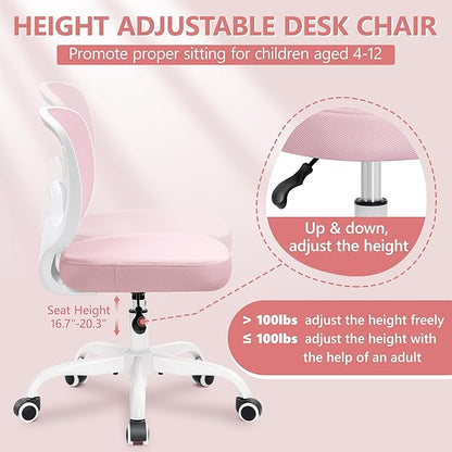 Primy Kids Desk Chair, Ergonomic Children Study Computer Chair Adjustable, Breathable Mesh Office Chair with Wheels, Armless Rolling Swivel School Task Chair for Boys Girls Age 4-12 in Home Bedroom