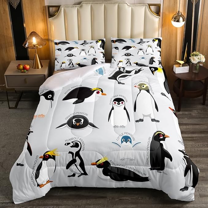 Erosebridal Penguin Comforter Set Full Size,Black White Penguins Bedding Set Cute Animal Down Comforter for Kids Boys Girls Teens,Wildlife Grey Bedding Quilted Sets with 2 Pillow Cases Bedroom Decor