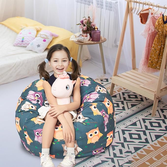 Stuffed Animal Storage Bean Bag Chair Cover, Hold Kids Plush Toys Blankets Towels Beanbag (Cover Only), Canvas Floor Circle Stuff Sit Seat Sofa with YKK Zipper, Large 32", Owl