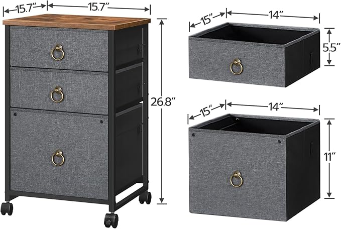 HOOBRO 3-Drawer Mobile File Cabinet, Vertical Filing Cabinet, Office Cabinet, Filing Cabinet for Home Office, Rolling Printer Stand, A4/Letter-Sized, Nonwovens Drawer, Rustic Brown and Gray BFG30WJ01