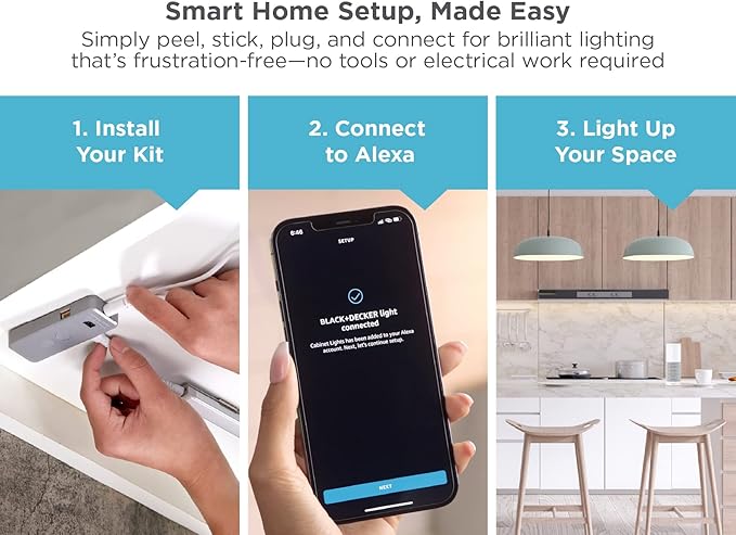 BLACK+DECKER Compatible with Alexa Smart LED Under Cabinet Lighting Kit, Motion Sensor, Dimmable , 3 Color Settings, For Kitchen, Cabinets and Closets, (4) 9" Bars, White, A Device