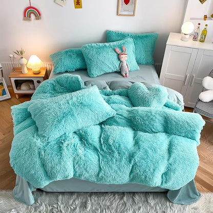 Faux Fur Kids Girls Sky Blue Comforter Sets Queen - 3PC Bed Set Warm Comfortable Soft Plush Flannel Velvet Fluffy Fuzzy Bedding（Comforter x 1 Pillowcases x 2）
