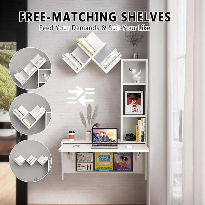 Folding Wall Mounted Drop Leaf Table, Foldable Desk with Moveable Cabinets, Floating Laptop with Convertible Storage Shelves, Multifunctional Computer Workstation in Home for Space Saving