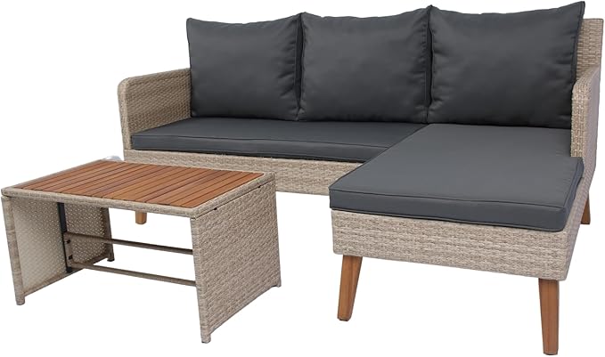 3-Piece Outdoor PE Rattan Furniture Set, Patio Wicker Conversation Loveseat Sofa Sectional Couch with Thick Cushion for Backyard, Deck, Poolside, Zn-Dark Grey