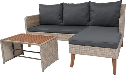 3-Piece Outdoor PE Rattan Furniture Set, Patio Wicker Conversation Loveseat Sofa Sectional Couch with Thick Cushion for Backyard, Deck, Poolside, Zn-Dark Grey