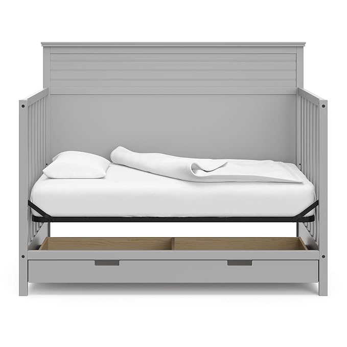 STORKCRAFT Homestead 5-in-1 Convertible Crib with Drawer (Pebble Gray) – GREENGUARD Gold Certified, Crib with Drawer Combo, includes Nursery Storage Drawer, Converts to Toddler Bed and Full-Size Bed