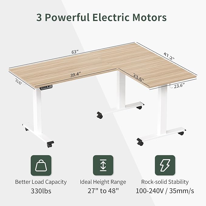FEZIBO Triple Motor L-Shaped Electric Standing Desk, Height Adjustable Stand up Corner Desk, 63 Inches Sit Stand Workstation with Splice Board, White Frame/Light Walnut Top