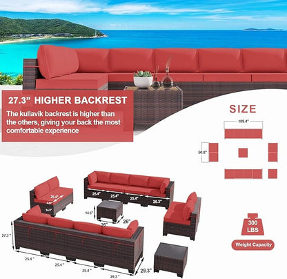 Kullavik 14PCS Outdoor Patio Furniture Set PE Wicker Rattan Sectional Sofa Patio Conversation Sets,Red