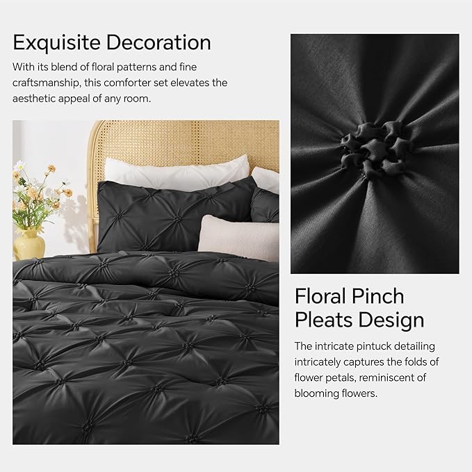 BEDELITE Black Comforter Set Queen - 3 Pieces Boho Pintuck Bedding Comforter Sets, Lightweight Soft & Warm Bed Comforter Queen with 2 Pillowcases for All Season