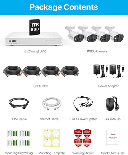 ZOSI C303 Spotlight Home Security Camera System with Audio,8CH 3K Lite DVR with 1TB SSD Hard Drive,4pcs H.265+ 1080p Outdoor CCTV Cameras,Night Vision,Person Vehicle Detection,for 24/7 Recording