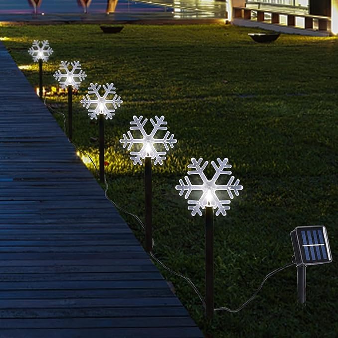 Christmas Snowflake Pathway Lights, 5 Pack Solar Christmas Stake Markers with Cool White Fairy Lights for Outdoor Holiday Walkway Patio Garden Christmas Decorations (5PCS-Cool White-Snow)