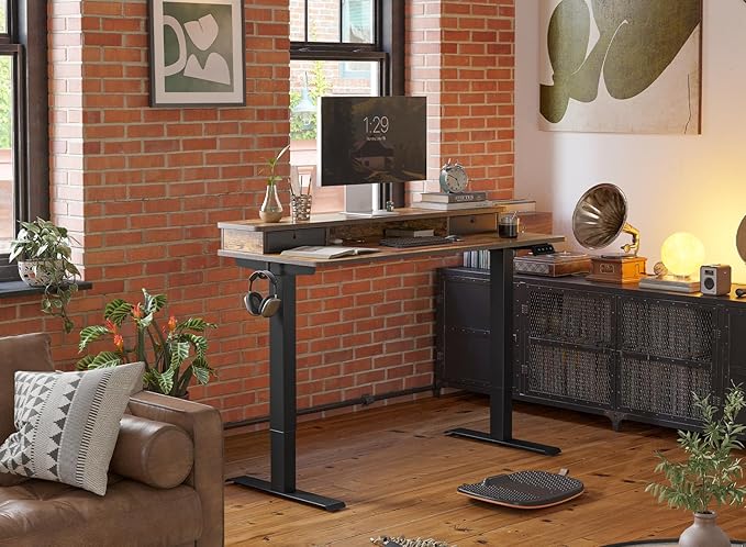 FEZIBO 48 x 24 Inch Height Adjustable Electric Standing Desk with Double Drawer, Stand Up Desk with Storage Shelf, Sit Stand Desk, Rustic Brown