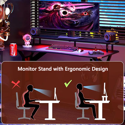 Gaming Desk with Power Outlets & LED Strip Lights,Computer Desk with Large Monitor Stand, Gamer Workstation with Stylish Metal Legs,Headphone Hook&Cup Holder for Home Office