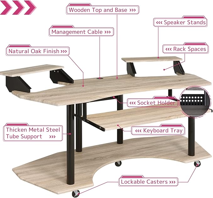 Acme Eleazar Wooden 3-Shelf Music Recording Studio Desk in Natural Oak