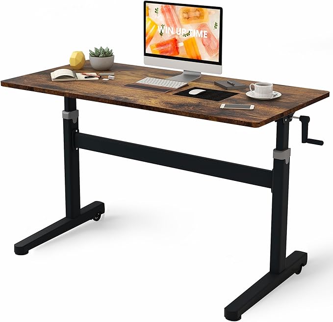 Manual Standing Desk Adjustable Height- Crank Mobile Standing Desk 55 x 24 Inches Sit Stand Desk Frame & Top, Stand Up Desk on Wheels, Computer Desk Black Frame & Rustic Brown