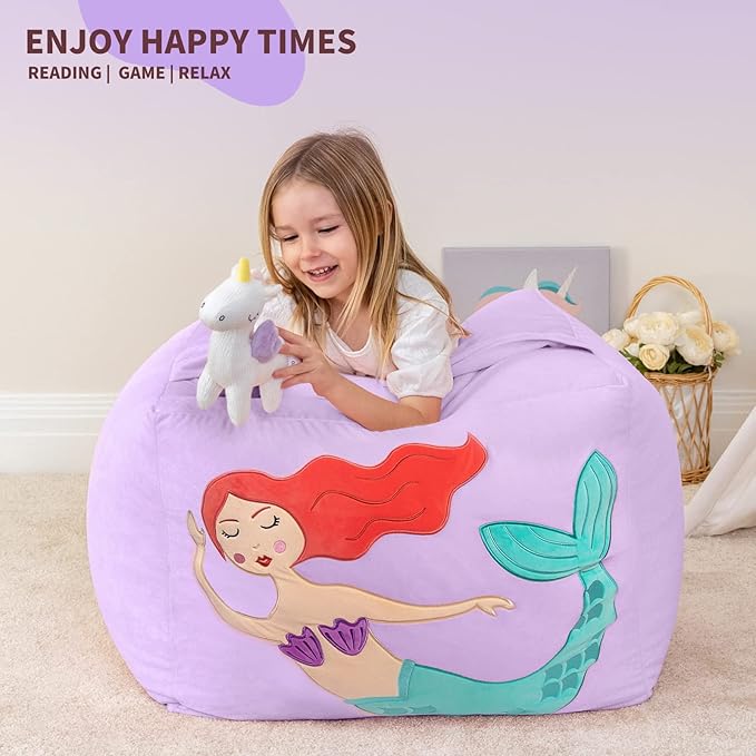 Aubliss Unicorn Stuffed Animal Storage Bean Bag Chair for Kids, Velvet Extra Soft Beanbag Chairs Cover, X-Large Stuffable Zipper Bean Bag for Organizing Plush Toys Girls Bedroom Decor, Purpl