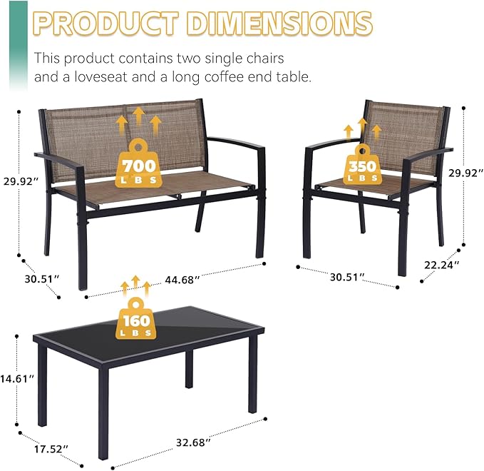 4 Pieces Patio Furniture Set Outdoor Garden Patio Conversation Sets Poolside Lawn Chairs with Tempered Glass Coffee Table Loveseat Porch Furniture Textilene Fabric Yellow