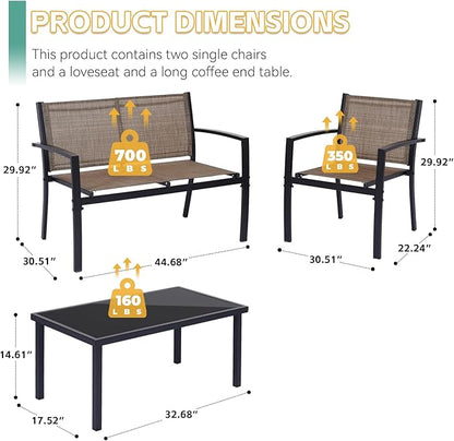 4 Pieces Patio Furniture Set Outdoor Garden Patio Conversation Sets Poolside Lawn Chairs with Tempered Glass Coffee Table Loveseat Porch Furniture Textilene Fabric Yellow