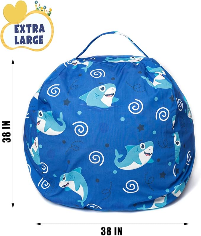 Stuffed Animal Storage Bean Bag Chair Cover, Hold Kids Plush Toys Blankets Towels Beanbag (Cover Only), Canvas Floor Circle Stuff Sit Seat Sofa with YKK Zipper, Extra Large 38", Blue Shark