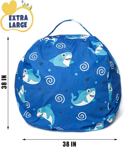 Stuffed Animal Storage Bean Bag Chair Cover, Hold Kids Plush Toys Blankets Towels Beanbag (Cover Only), Canvas Floor Circle Stuff Sit Seat Sofa with YKK Zipper, Extra Large 38", Blue Shark