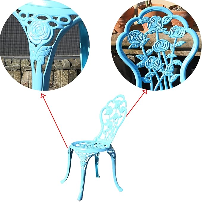 KAI LI Outdoor Furniture Bistro Set with Rose Pattern 1 Table 2 Chairs for Garden Patio Porch (Rose-Light Blue)