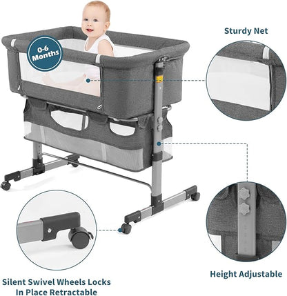 Bedside Sleeper Bedside Crib, Baby Bassinet 3 in 1 Travel Baby Crib Baby Bed with Breathable Net,Adjustable Portable Bed for Infant/Baby(Deep Grey)