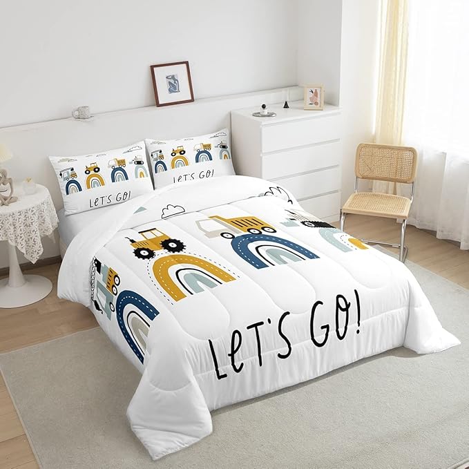 Boys Cartoon Car Comforter Set, Kids Construction Vehicles Comforter for Kids Children Cartoon Rainbow Truck Bedding Set Cute Cars Soft Quilt Set Bedroom Collection 3Pcs Full Size