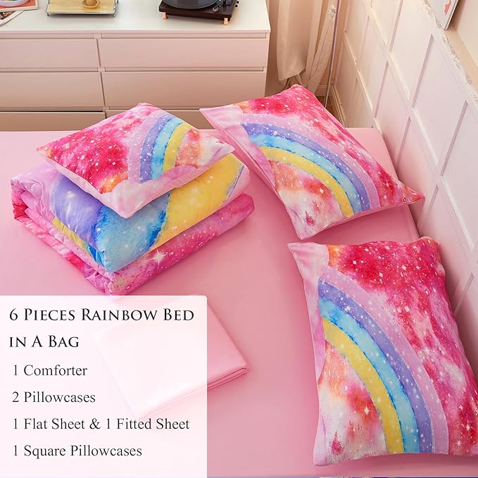 6 Pieces Pink Tie Dye Full Size Bedding Sets for Girls/Teens/Kids, Colorful Rainbow Girls Comforter Set, Sparkle Galaxy Glitter Bedding Comforter Set for All Season