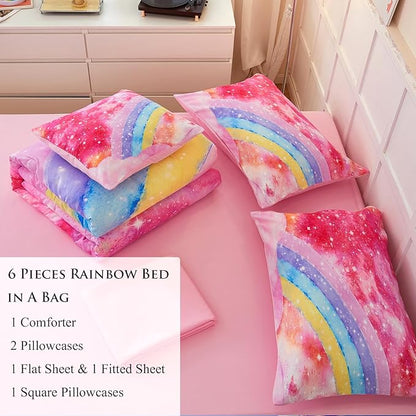6 Pieces Pink Tie Dye Full Size Bedding Sets for Girls/Teens/Kids, Colorful Rainbow Girls Comforter Set, Sparkle Galaxy Glitter Bedding Comforter Set for All Season
