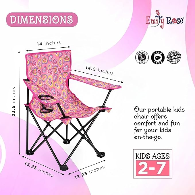 Emily Rose Kids Folding Chair | Beach Chair with Safety Lock- Camping Chair for Boyos Girls Toddler with Cup Holder & Carry Case- Tailgate, Travel, Lawn- for Indoor & Outdoor (Playful Hearts)