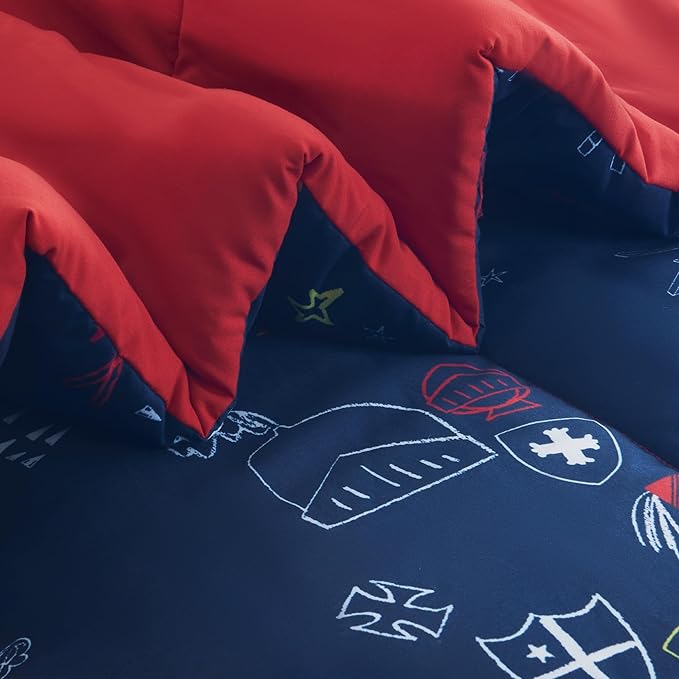 SLEEP ZONE 7 Pieces Kids Comforter Bed in A Bag, Soft Lightweight, Fluffy & Durable Children Bed Set with Comforter, Sheet, Pillowcase & Sham (Knight‘s Tale, Full/Queen)