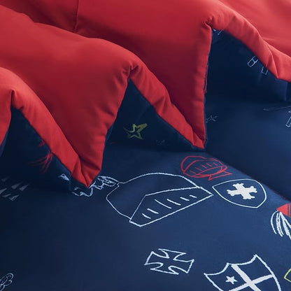SLEEP ZONE 7 Pieces Kids Comforter Bed in A Bag, Soft Lightweight, Fluffy & Durable Children Bed Set with Comforter, Sheet, Pillowcase & Sham (Knight‘s Tale, Full/Queen)