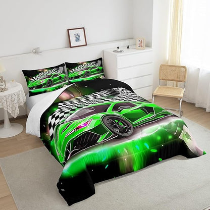 Feelyou Race Car Bedding Set King Size,Boys Extreme Sports Comforter Set for Kids Boys Car Racing Gifts,Green Cool Car Comforter Car Sports Quilt Set 1 Comforter with 2 Pillowcase Car Racing Gifts