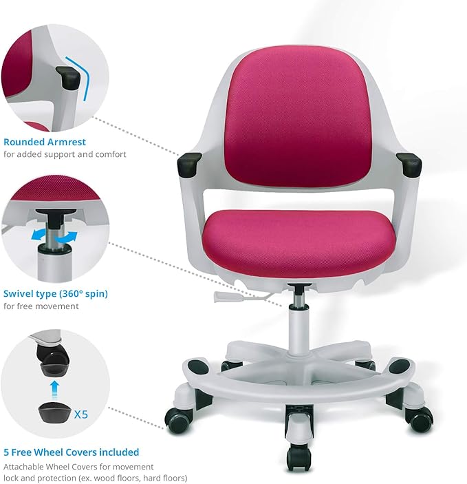 Kids Desk Chair: Ergonomic Kids Computer Chair | Adjustable Kids Office Chair with Wheels & Arms | Study Chair for Girls and Boys - Kids Chair Desk with Wheel Covers (Rosie Pink)