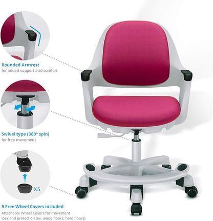 Kids Desk Chair: Ergonomic Kids Computer Chair | Adjustable Kids Office Chair with Wheels & Arms | Study Chair for Girls and Boys - Kids Chair Desk with Wheel Covers (Rosie Pink)