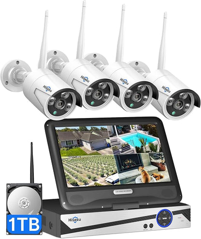 [10CH Expandable] Hiseeu Wireless Security Camera System with 10in LCD 4K Monitor, 4Pcs 5MP Outdoor Indoor Cameras with One-Way Audio, Waterproof, Motion Detect, 1TB HDD/Cloud Storage, Work with Alexa