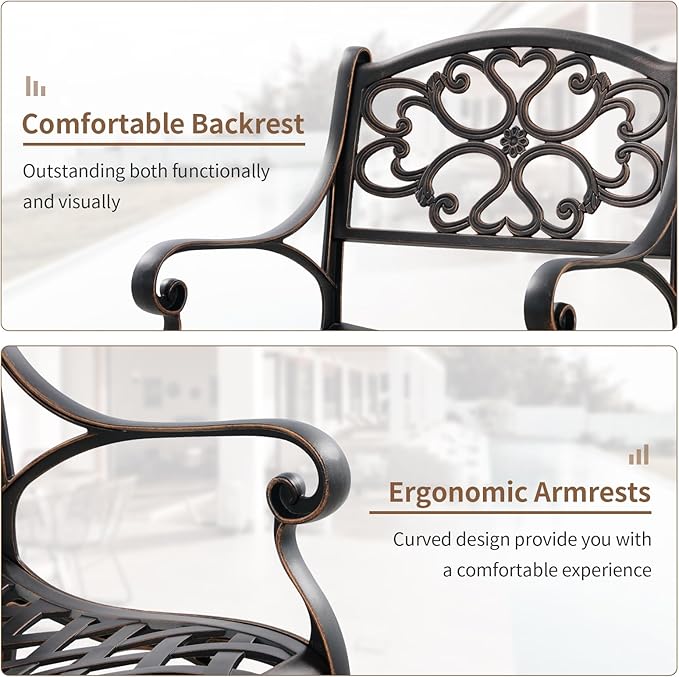 Cast Aluminum Patio Dining Set, Outdoor Bistro Set, 31.5"" Round Patio Table with Umbrella Hole, 2 Patio Chairs for Yard Porch Garden Balcony, Bronze 4