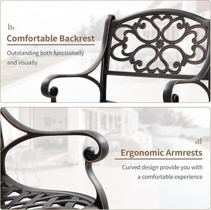 Cast Aluminum Patio Dining Set, Outdoor Bistro Set, 31.5"" Round Patio Table with Umbrella Hole, 2 Patio Chairs for Yard Porch Garden Balcony, Bronze 4