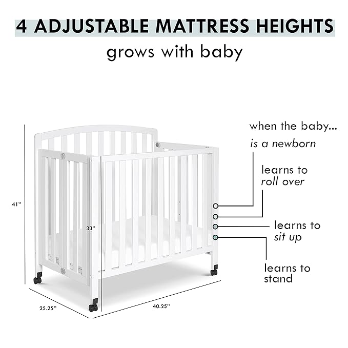 DaVinci Dylan Folding Portable 3-in-1 Convertible Mini Crib and Twin Bed in White, Greenguard Gold Certified