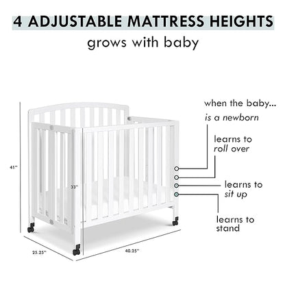 DaVinci Dylan Folding Portable 3-in-1 Convertible Mini Crib and Twin Bed in White, Greenguard Gold Certified