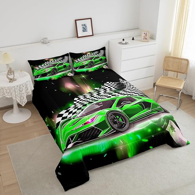 Feelyou Race Car Bedding Set Twin Size,Boys Extreme Sports Comforter Set for Kids Boys Car Racing Gifts,Green Cool Car Comforter Car Sports Quilt Set 1 Comforter with 1 Pillowcase Car Racing Gifts