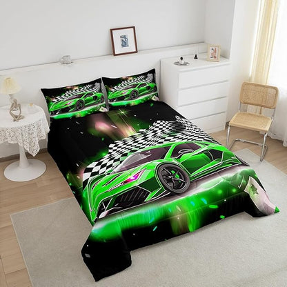 Feelyou Race Car Bedding Set Twin Size,Boys Extreme Sports Comforter Set for Kids Boys Car Racing Gifts,Green Cool Car Comforter Car Sports Quilt Set 1 Comforter with 1 Pillowcase Car Racing Gifts