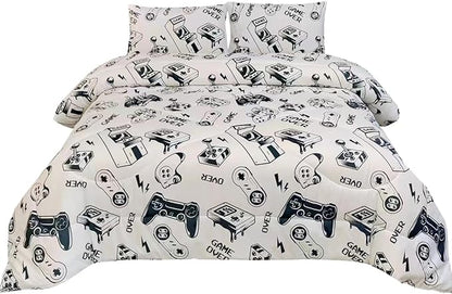 3PCS White Gamer Comforter Set Twin for Boys Girls Teens and Kids, Soft Microfiber Gamer Twin Quilt Bedding Set, Bed in a Bag Lightweight Summer Comforter, Twin