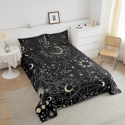 Sun and Moon Comforter Set Boho Exotic Bedding Set Galaxy Astrology Comforter for Boys Girls Children Teens Bedroom Decor Chic Cute Luxury Zodiac Signs Duvet Set Full Size Quilt Set