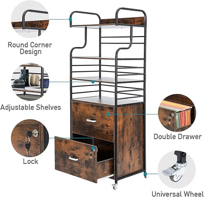Vertical File Cabinet, 2 Drawer Mobile Filing Cabinet with 3 Bookshelf, Printer Stand with Open Storage Shelves Fits A4/Letter/Legal Size File Cabinets for Home Office Organizer, Brown