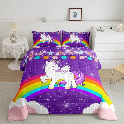 Kids Unicorn Comforter Set Queen Cartoon Rainbow Bedding Set for Girls Children Purple Cute Unicorn Glitter Down Comforter Kawaii Galaxy Stars Fantasy Geometric Room Decor Bedding Comforters & Sets